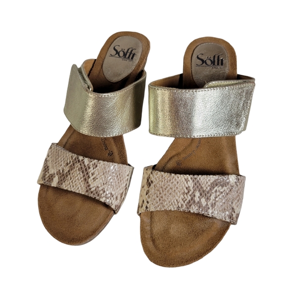 Sofft gold and animal print leather strap wedge sandals Size 8.5 - Picture 3 of 11